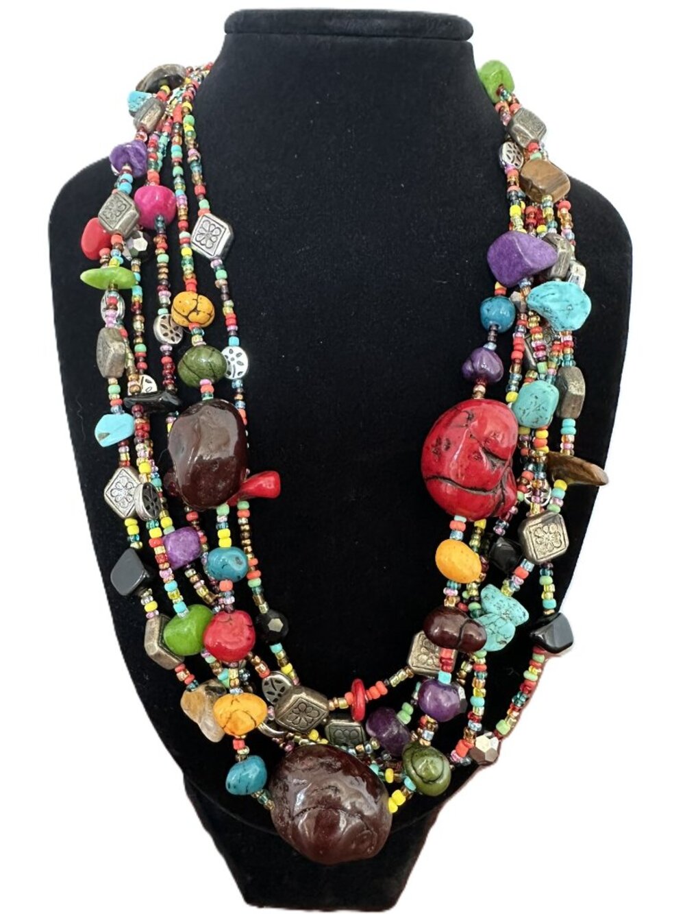 Vintage 6-strand Beaded Bohemian Necklace Turquoise Tiger's Eye Multicolor Bali